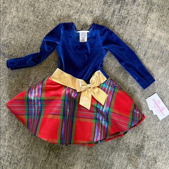 Bonnie Jean Blue Velvet and Plaid Dress with Gold Accent - Picture 1 of 3